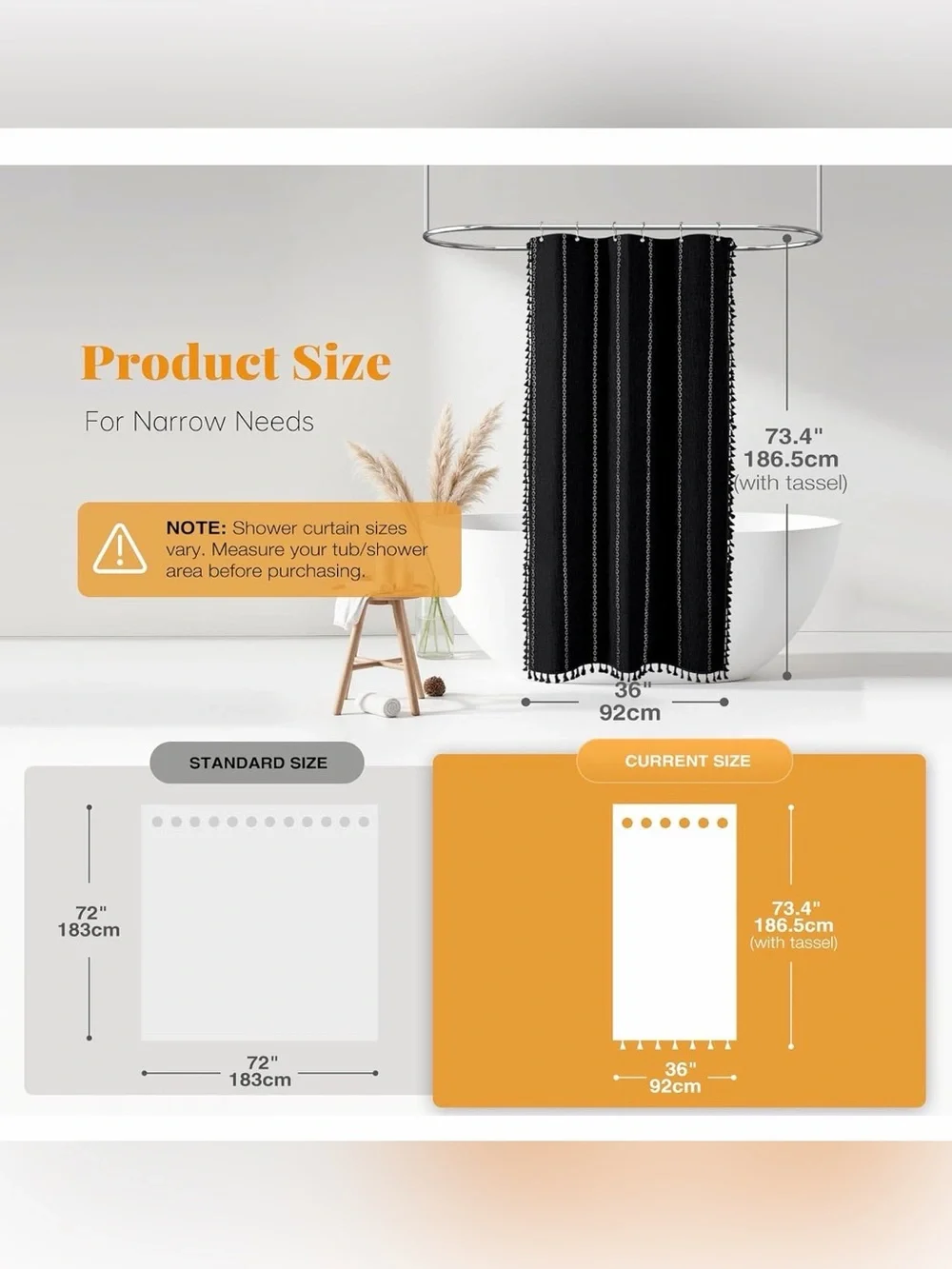 Black Striped Tassel Shower Curtain 37”x72” - Modern Boho - Picture 3 of 9